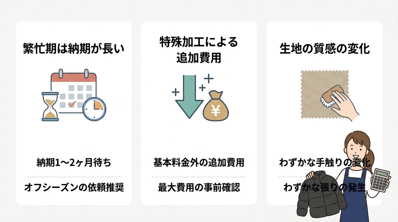 白化修理の依頼前に確認したいデメリット3つの要点をまとめた図解（繁忙期は納期が長い・特殊加工による追加費用・生地の質感の変化）