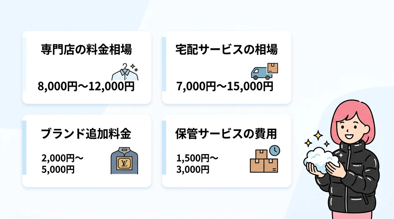 デュベティカダウンをクリーニングする際の料金相場の要点をまとめた図解(専門店の料金相場・宅配サービスの相場・ブランド追加料金)