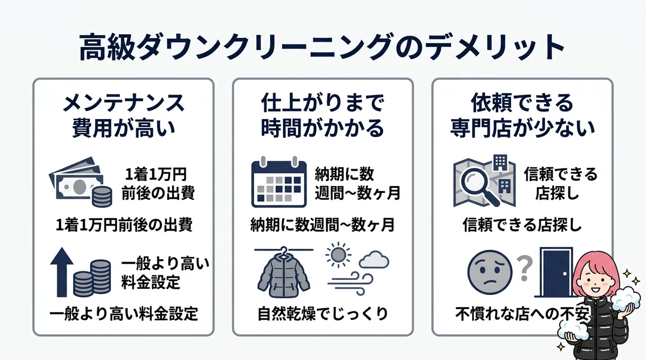 デュベティカをクリーニングに出すデメリット3つの要点をまとめた図解(メンテナンス費用が高い・仕上がりまで時間がかかる・依頼できる専門店が少ない)