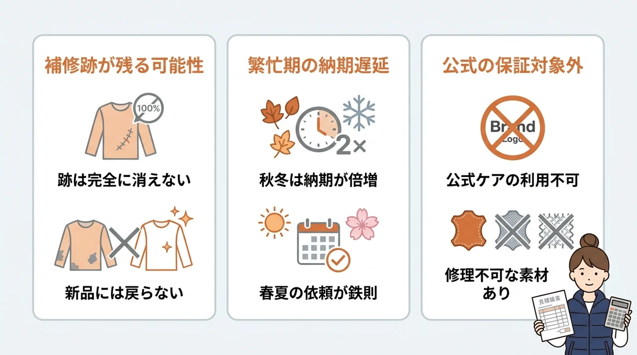 依頼前に必ずチェックすべき修理のデメリット3選の要点をまとめた図解(補修跡が残る可能性・繁忙期の納期遅延・公式の保証対象外)