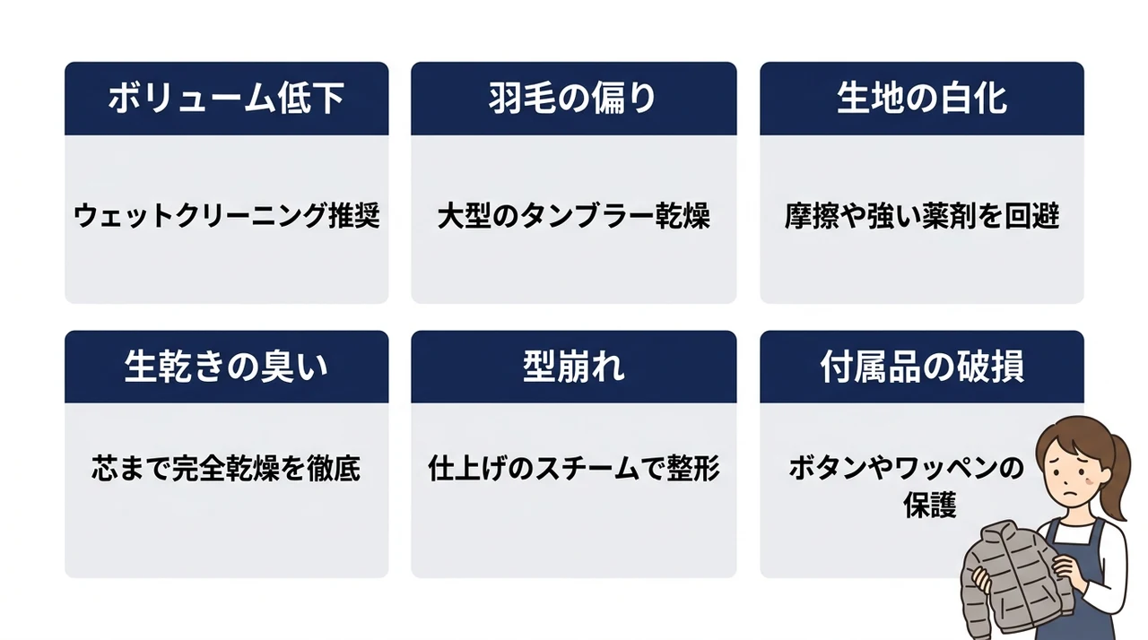 ピレネックスのクリーニングで失敗を避けるための注意点の要点をまとめた図解（ボリューム低下・羽毛の偏り・生地の白化）