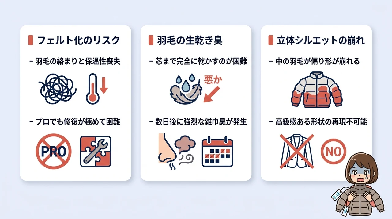 タトラスを自己流で洗濯する3つのデメリットの要点をまとめた図解（フェルト化のリスク・羽毛の生乾き臭・立体シルエットの崩れ）