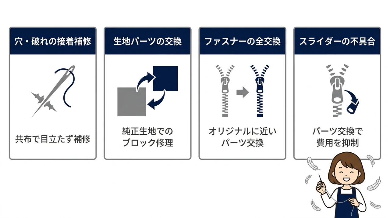 タトラスのダウン修理に必要な料金目安と修理事例の要点をまとめた図解（穴・破れの接着補修・生地パーツの交換・ファスナーの全交換）