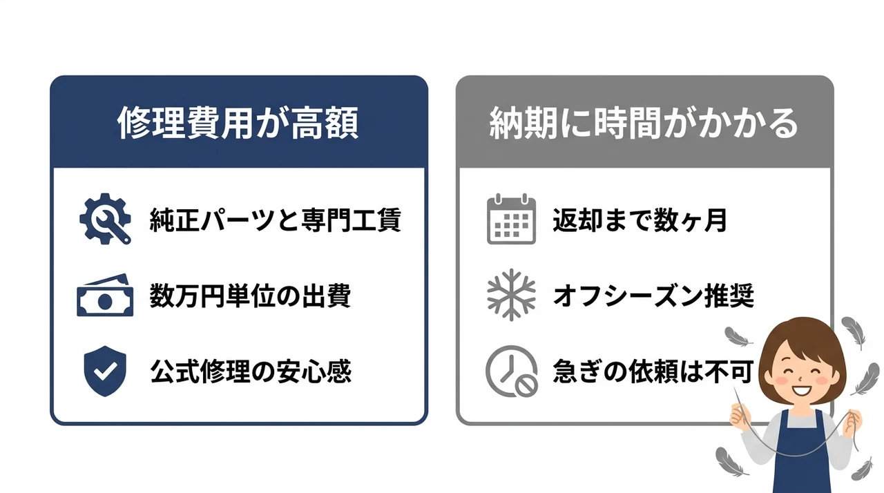 タトラスを修理に出す際に知っておくべき2つのデメリットの要点をまとめた図解（修理費用が高額・納期に時間がかかる）