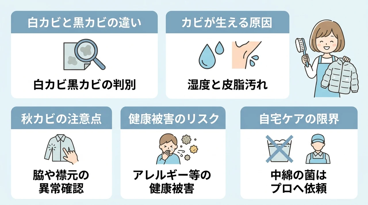 ダウンにカビが生えた！クリーニングか自宅かの判断基準の要点をまとめた図解（白カビと黒カビの違い・カビが生える原因・秋カビの注意点）