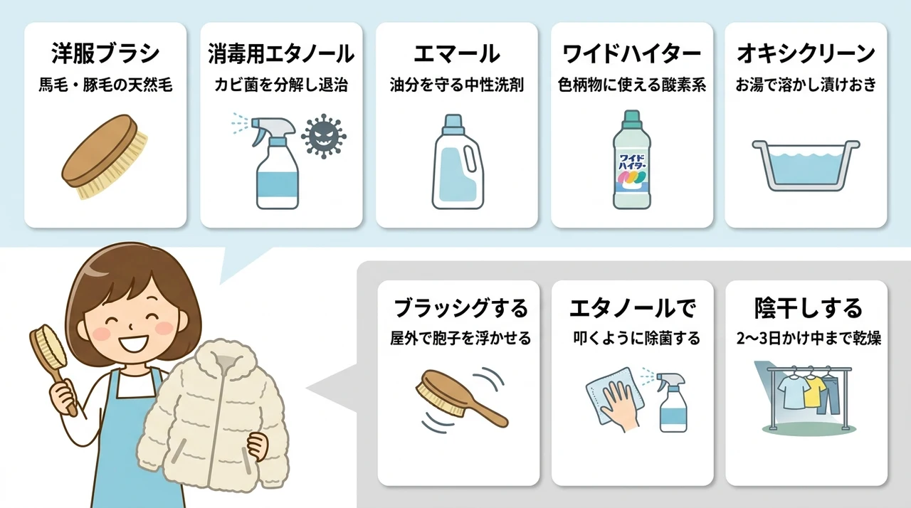 ダウンのカビ落とし方と自宅で準備するアイテムの要点をまとめた図解（洋服ブラシ・消毒用エタノール・エマール）