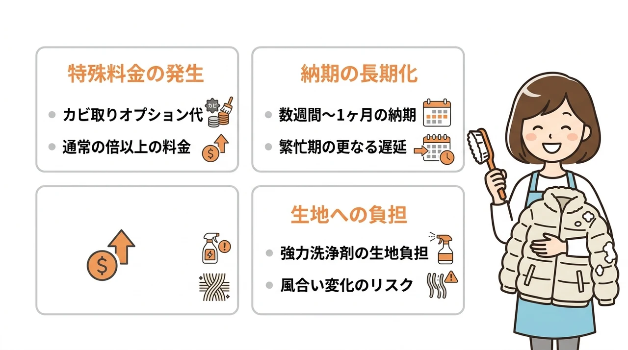依頼前に知っておきたいダウンクリーニングのデメリットの要点をまとめた図解（特殊料金の発生・納期の長期化・生地への負担）