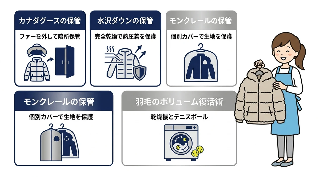 カナダグースなど高級ダウンを長持ちさせる保管のコツの要点をまとめた図解(カナダグースの保管・水沢ダウンの保管・モンクレールの保管)