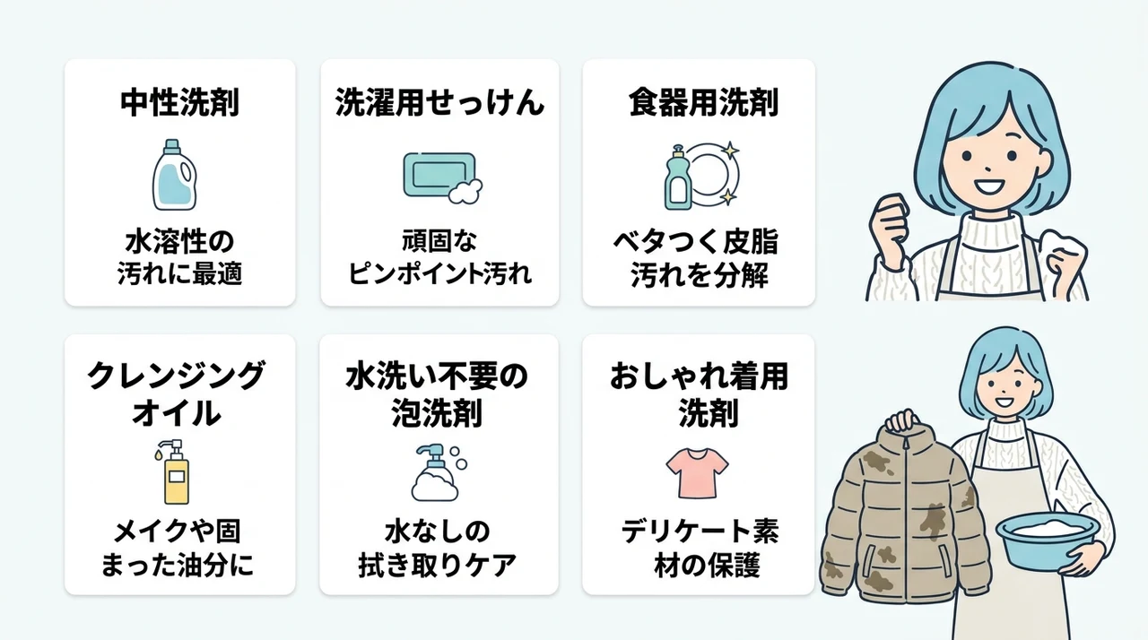 襟や脇の汗汚れを綺麗にするおすすめアイテム6選の要点をまとめた図解（中性洗剤・洗濯用せっけん・食器用洗剤）