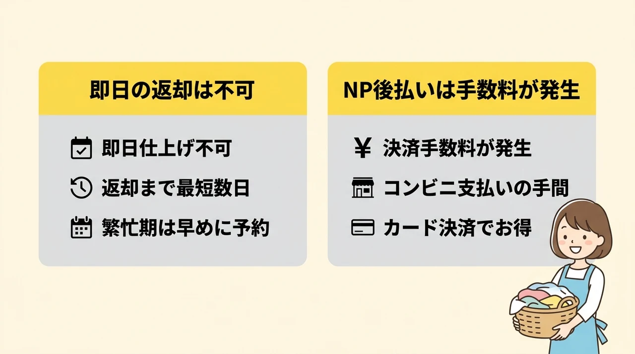 カジタクを利用する際のデメリット2つの要点をまとめた図解(即日の返却は不可・NP後払いは手数料が発生)
