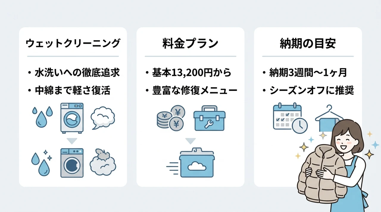 キレイナでカナダグースを洗う料金とクリーニング内容の要点をまとめた図解(ウェットクリーニング・料金プラン・納期の目安)