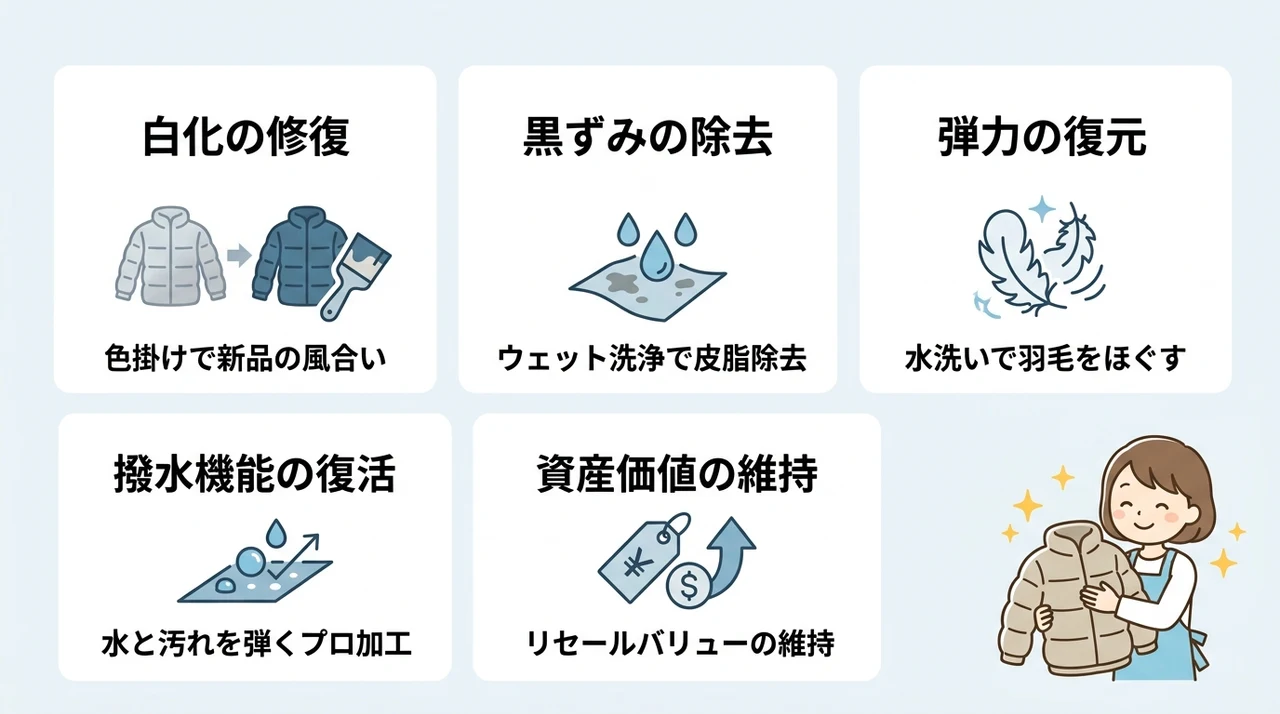 カナダグースをキレイナで修復する5つのメリットの要点をまとめた図解(白化の修復・黒ずみの除去・弾力の復元)