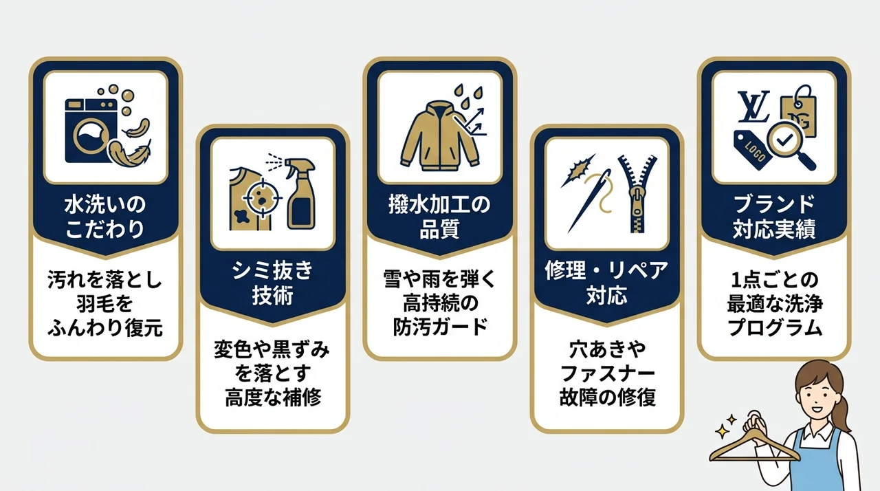 高級ダウンの技術力や加工オプションを比較の要点をまとめた図解(水洗いのこだわり・シミ抜き技術・撥水加工の品質)
