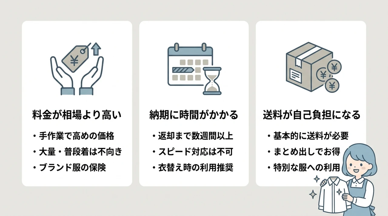 キレイナの悪い口コミと気になるデメリット3選の要点をまとめた図解（料金が相場よりも高い・納期に時間がかかる・送料が自己負担になる）