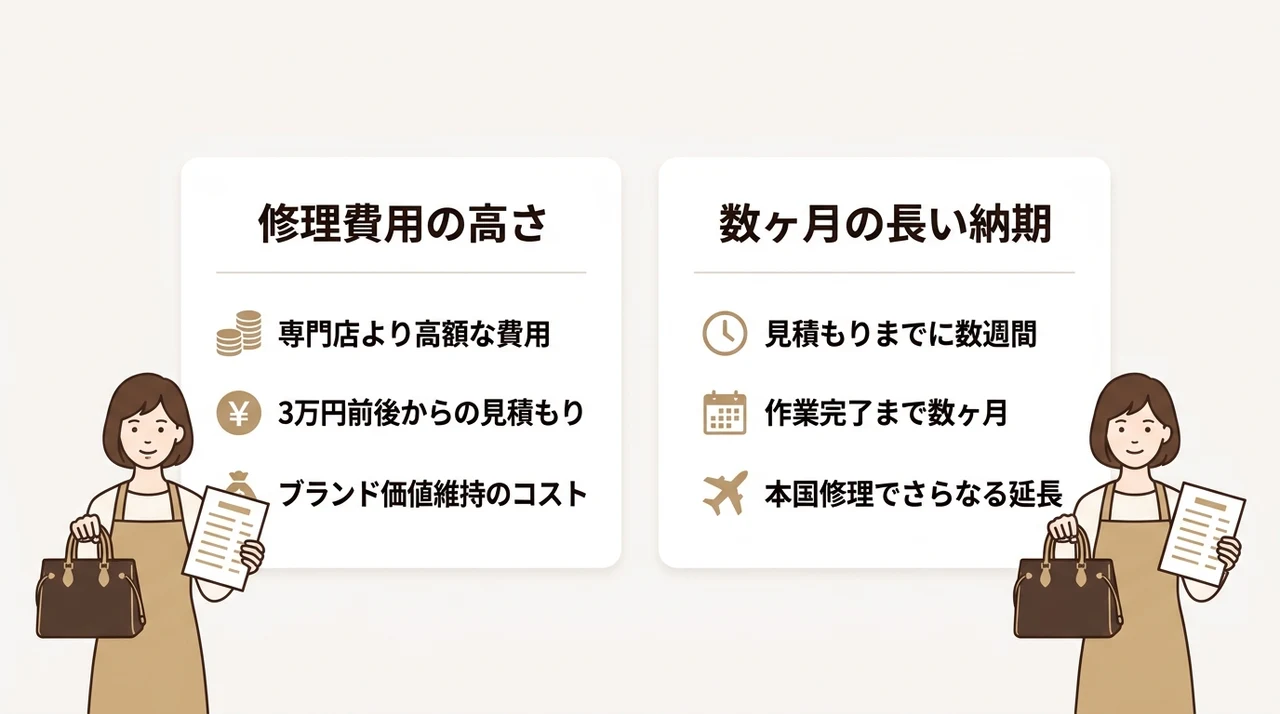 公式でのルイヴィトン修理に関する2つのデメリットの要点をまとめた図解（修理費用の高さ・数ヶ月かかる長い納期）