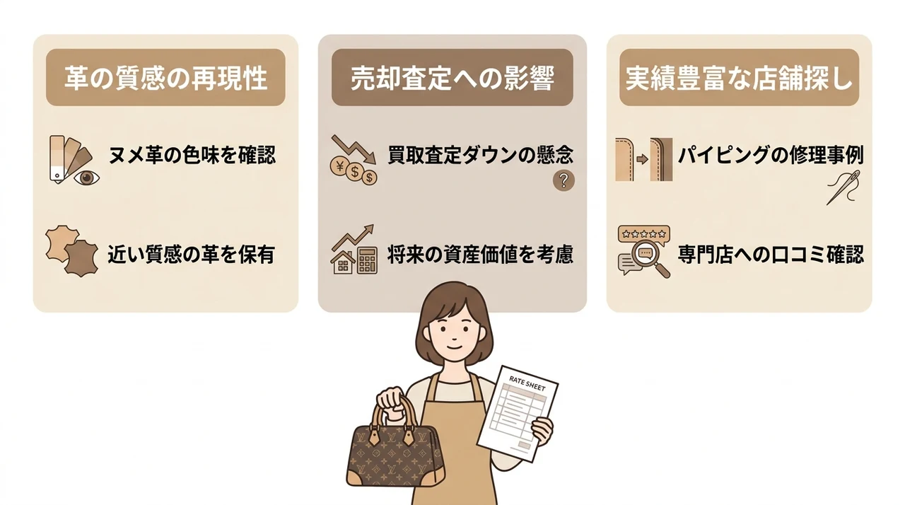 ヴィトンバッグの縁修理を専門店に依頼する際の注意点の要点をまとめた図解（革の質感の再現性・修理後の売却査定への影響・実績豊富な店舗の探し方）