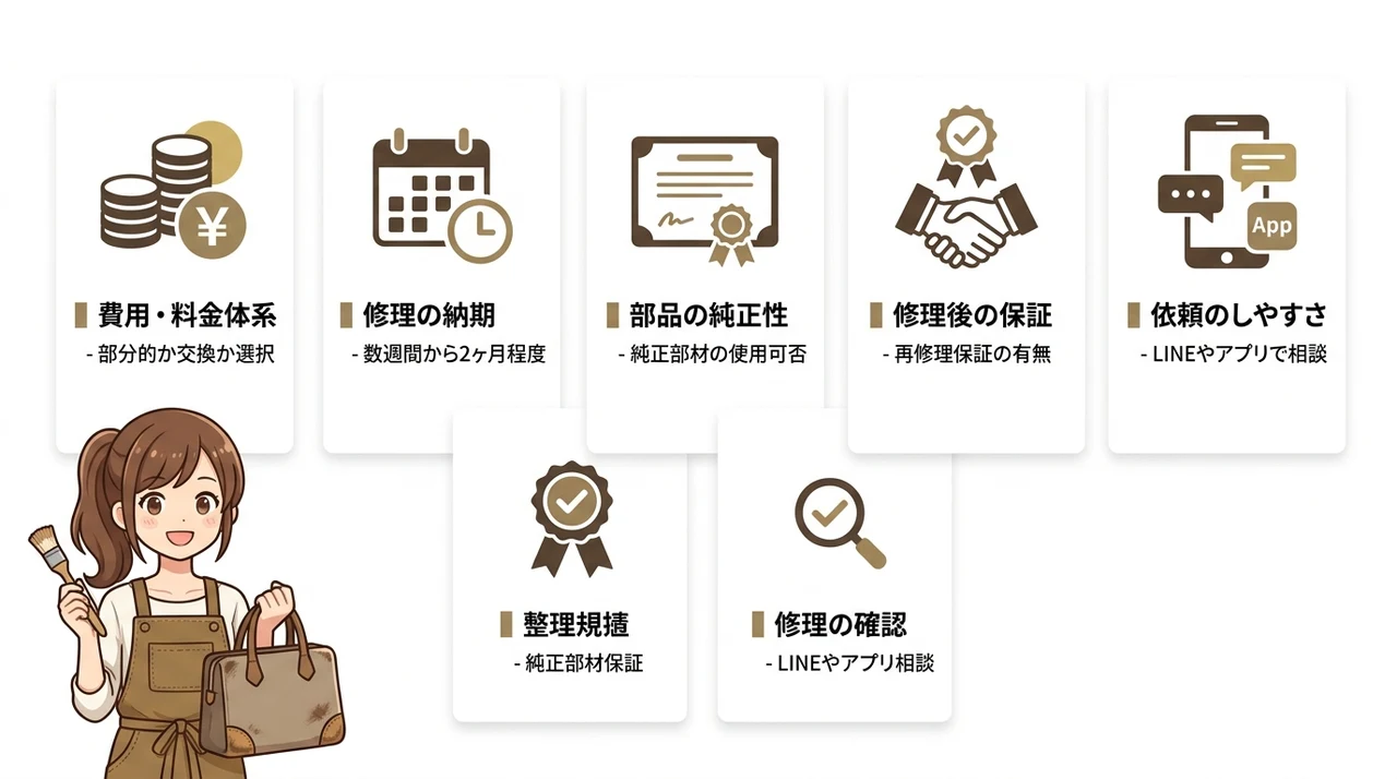 ルイヴィトンのバッグの角擦れ修理公式と専門店の違いの要点をまとめた図解(費用・料金体系・修理の納期・部品の純正性)