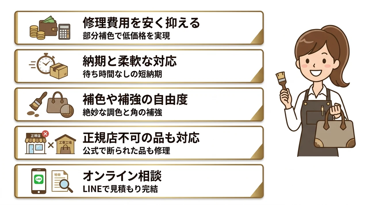 専門店でルイヴィトンのバッグを修理する5つのメリットの要点をまとめた図解(修理費用を安く抑える・納期の早さと柔軟な対応・補色や補強の自由度)