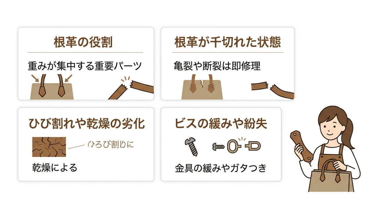 ルイヴィトンの根革修理にかかる料金相場と故障のサインの要点をまとめた図解（根革の役割・根革が千切れた状態・ひび割れや乾燥の劣化）