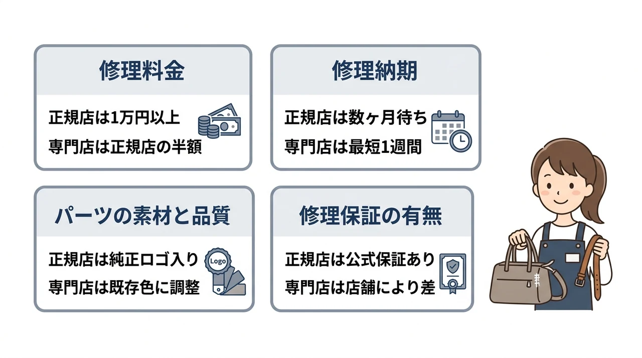正規店と修理専門店の根革交換サービスを徹底比較の要点をまとめた図解（修理料金・修理納期・パーツの素材と品質）