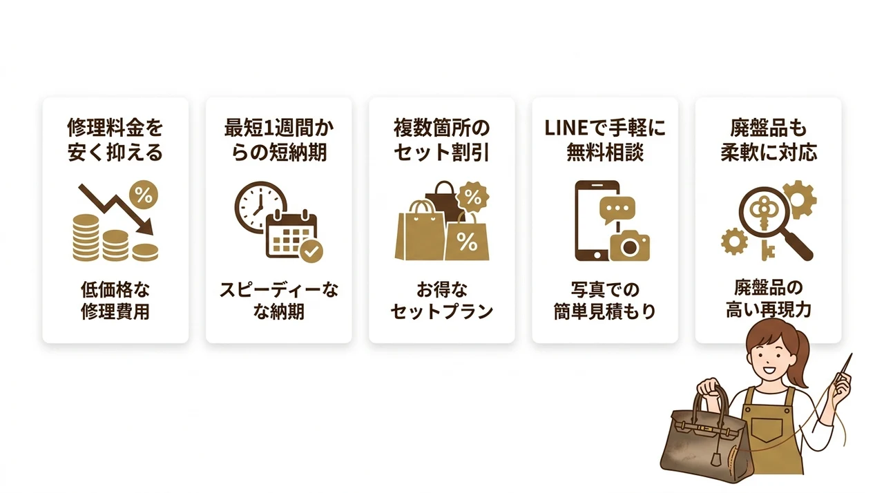 ルイヴィトンを修理専門店に依頼する5つのメリットの要点をまとめた図解（修理料金を安く抑える・最短1週間からの短納期・複数箇所のセット割引）