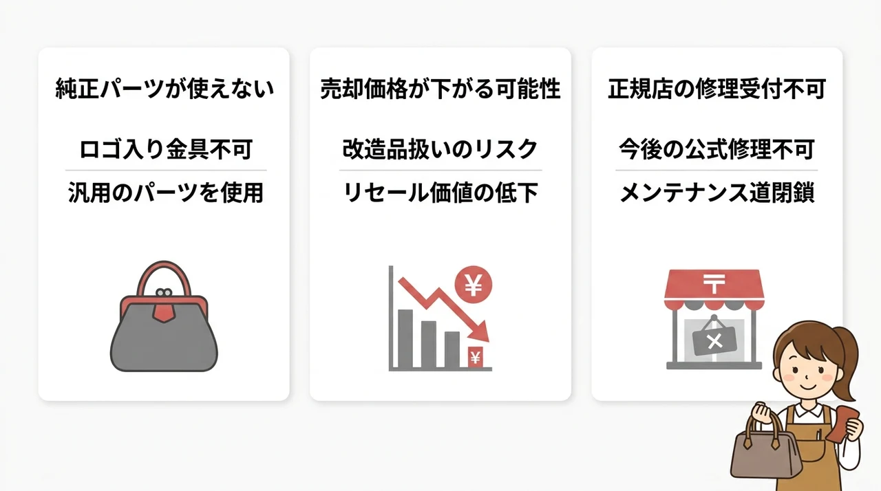 ルイヴィトンの非正規修理で注意すべき3つのデメリットの要点をまとめた図解（純正パーツが使えない・売却価格が下がる可能性・正規店の修理受付不可）