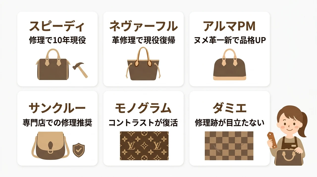 根革交換して使い続けたいルイヴィトンの人気バッグ6選の要点をまとめた図解（スピーディ・ネヴァーフル・アルマPM）
