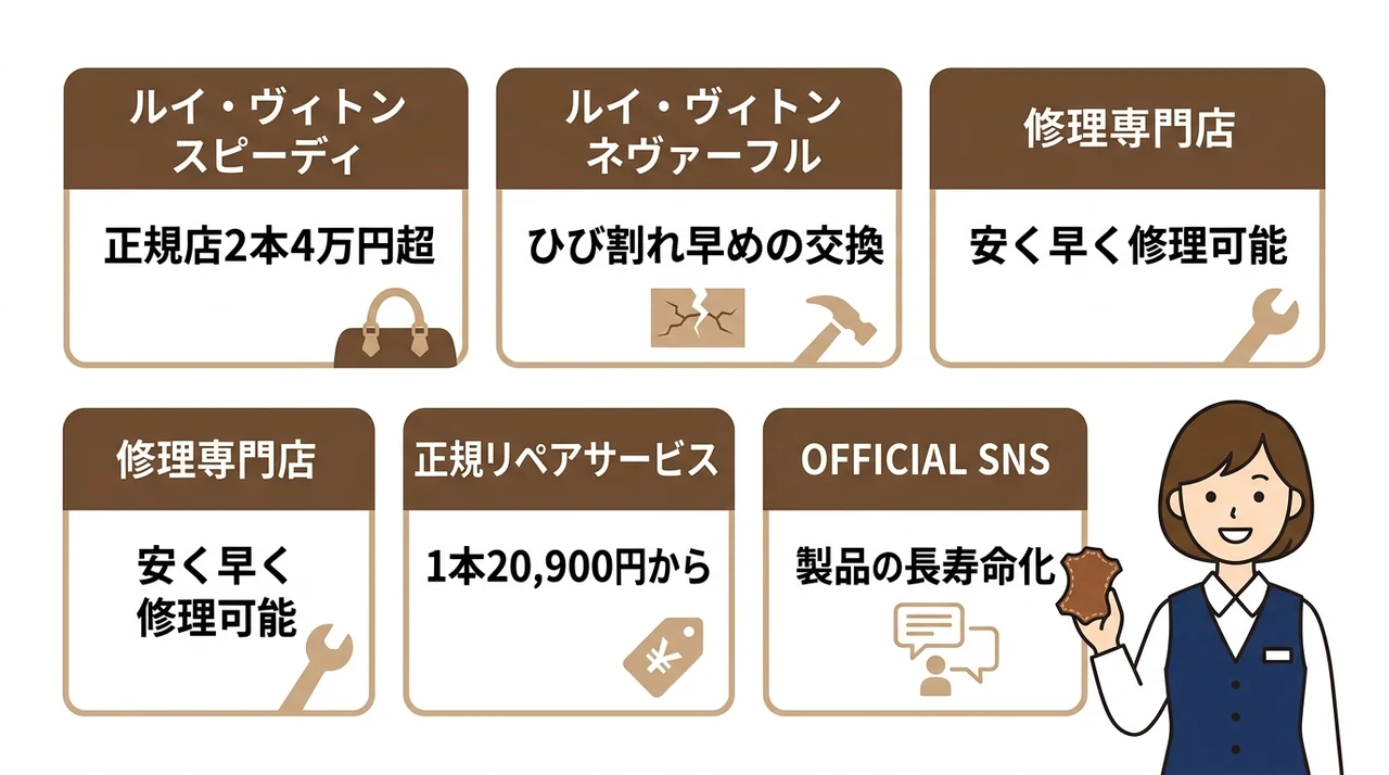 ルイヴィトンの持ち手修理にかかる料金相場と依頼先の要点をまとめた図解（ルイ・ヴィトン スピーディ・ルイ・ヴィトン ネヴァーフル・修理専門店）