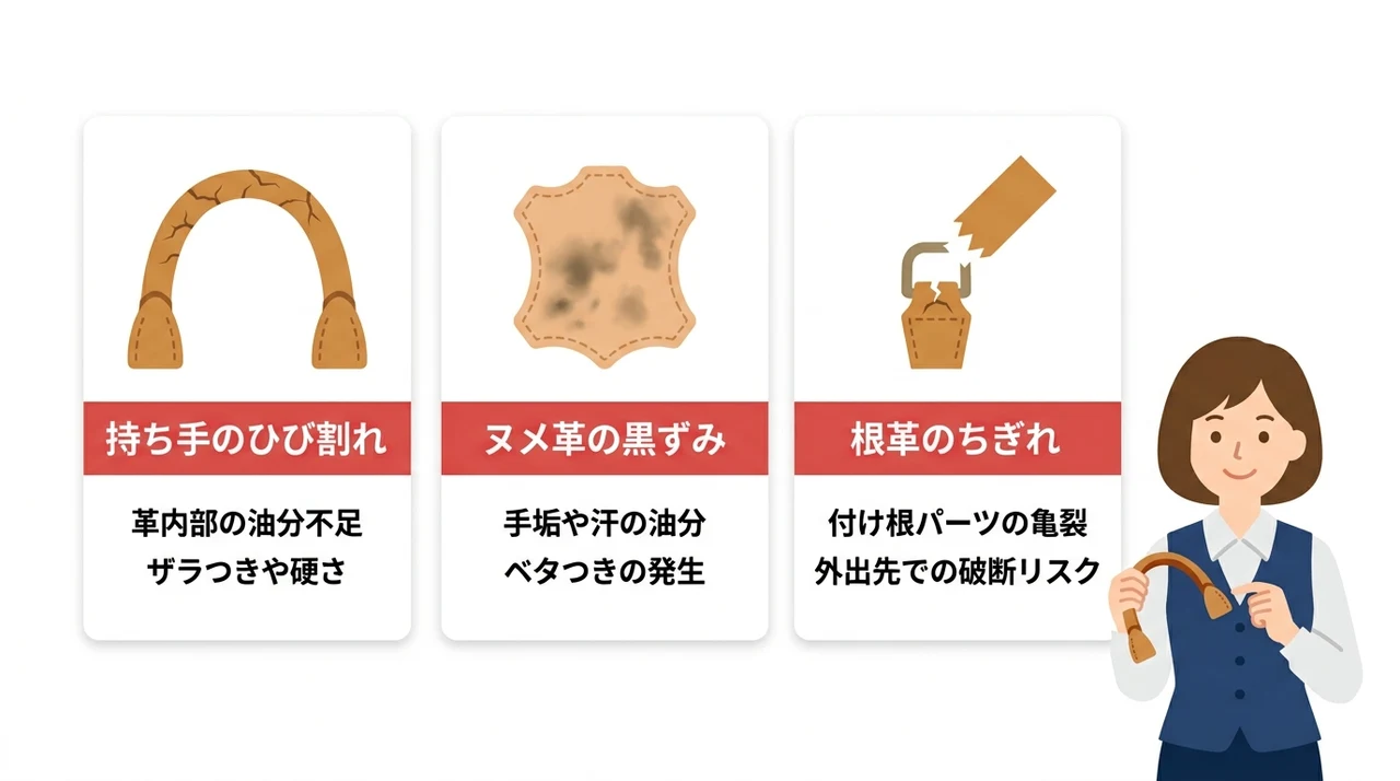 ルイヴィトンの持ち手交換が必要な3つの劣化症状の要点をまとめた図解（持ち手のひび割れ・ヌメ革の黒ずみ・根革のちぎれ）