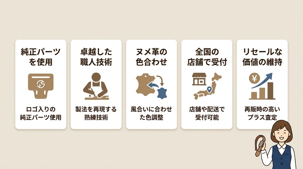 正規リペアサービスで修理する5つのメリットの要点をまとめた図解（純正パーツを使用・卓越した職人技術・ヌメ革の色合わせ）