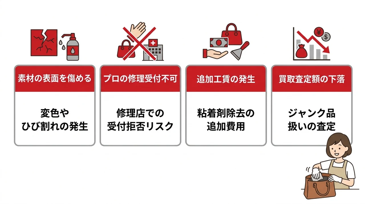 ベタつきを自分で修理・拭き取りする際のデメリット4選の要点をまとめた図解（素材の表面を傷める・業者の受付不可リスク・追加工賃の発生）