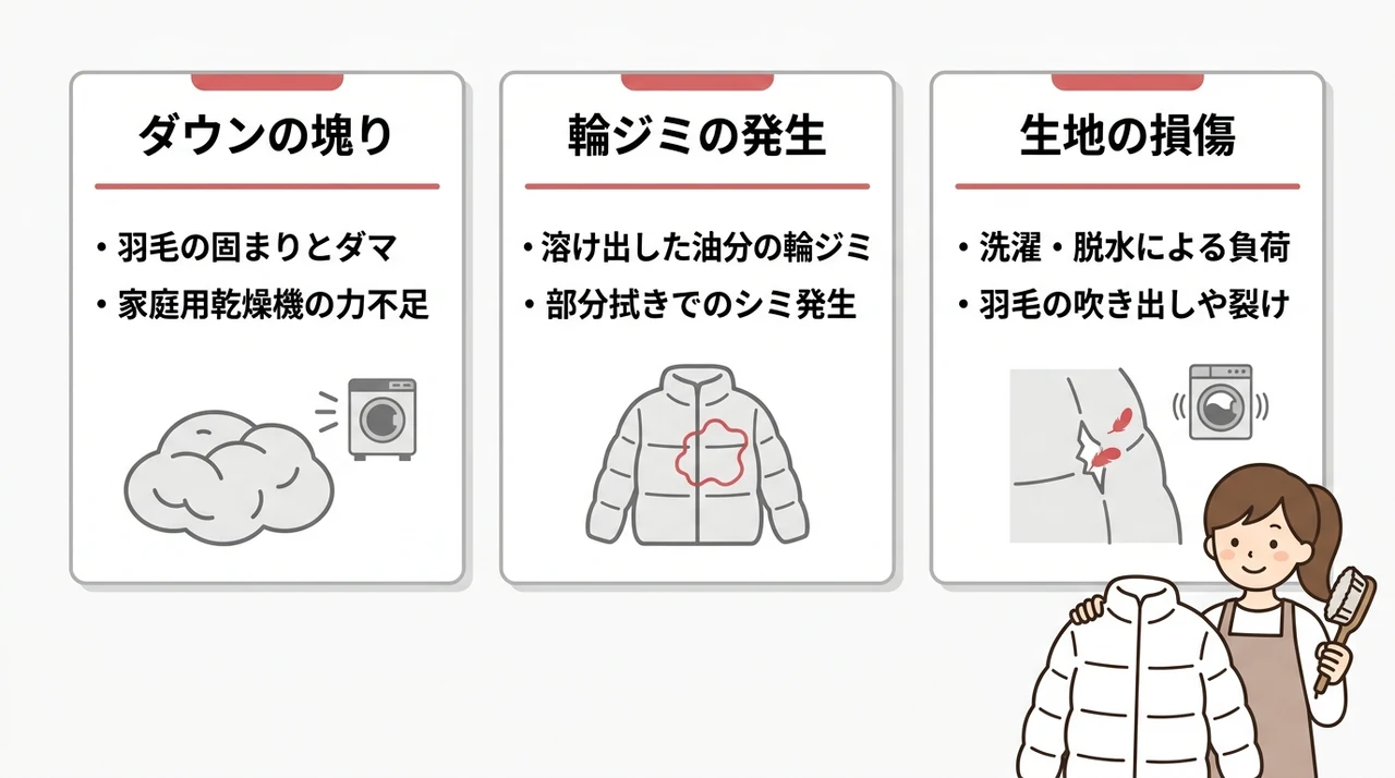 自宅でモンクレールを洗う際に知っておくべきデメリットの要点をまとめた図解（ダウンの塊り・輪ジミの発生・生地の損傷）
