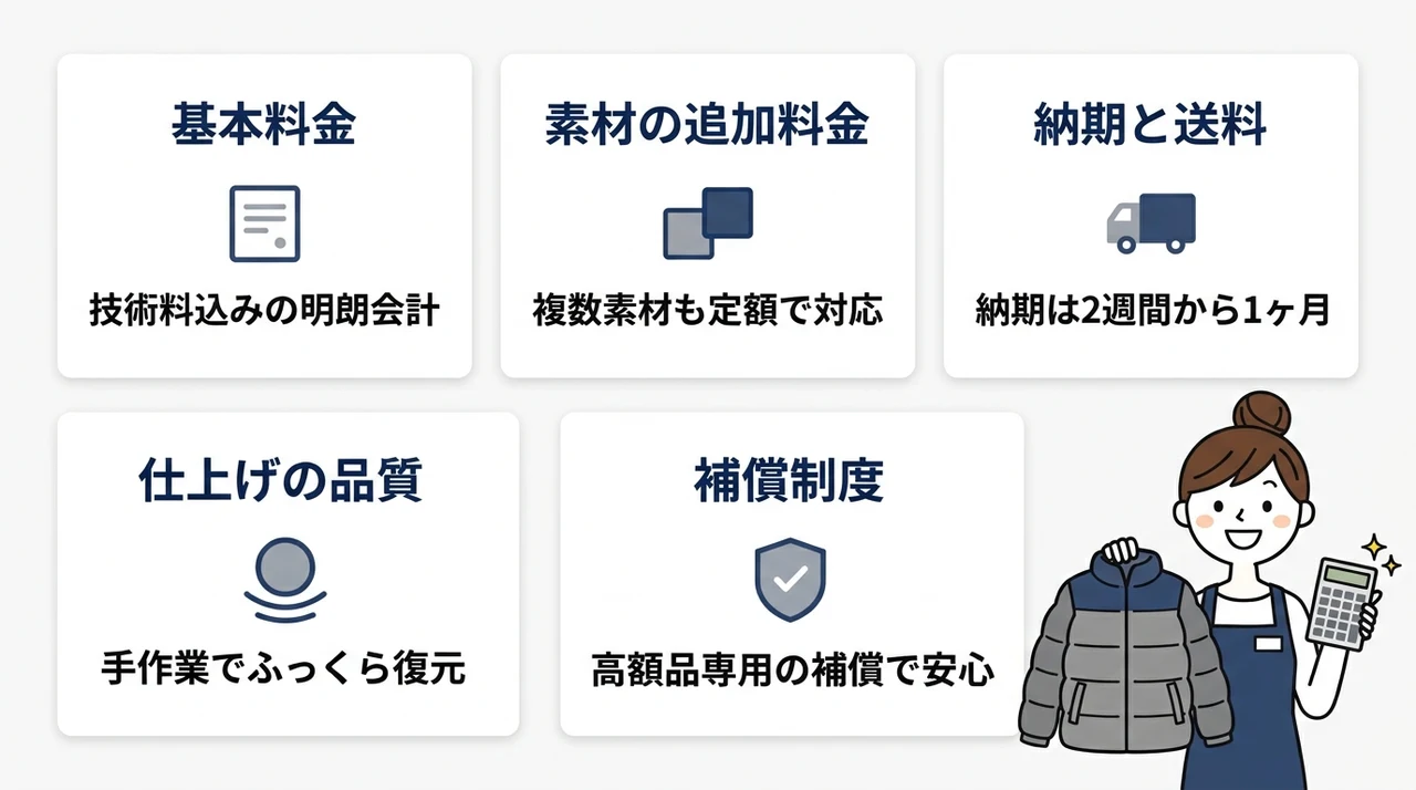 一般店と専門店を比較！ムーレーのクリーニング料金の要点をまとめた図解（基本料金・素材の追加料金・納期と送料）