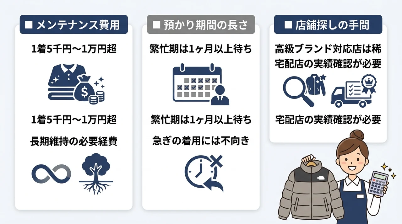 クリーニング利用前に知るべきデメリット3つの要点をまとめた図解（メンテナンス費用・預かり期間の長さ・店舗探しの手間）