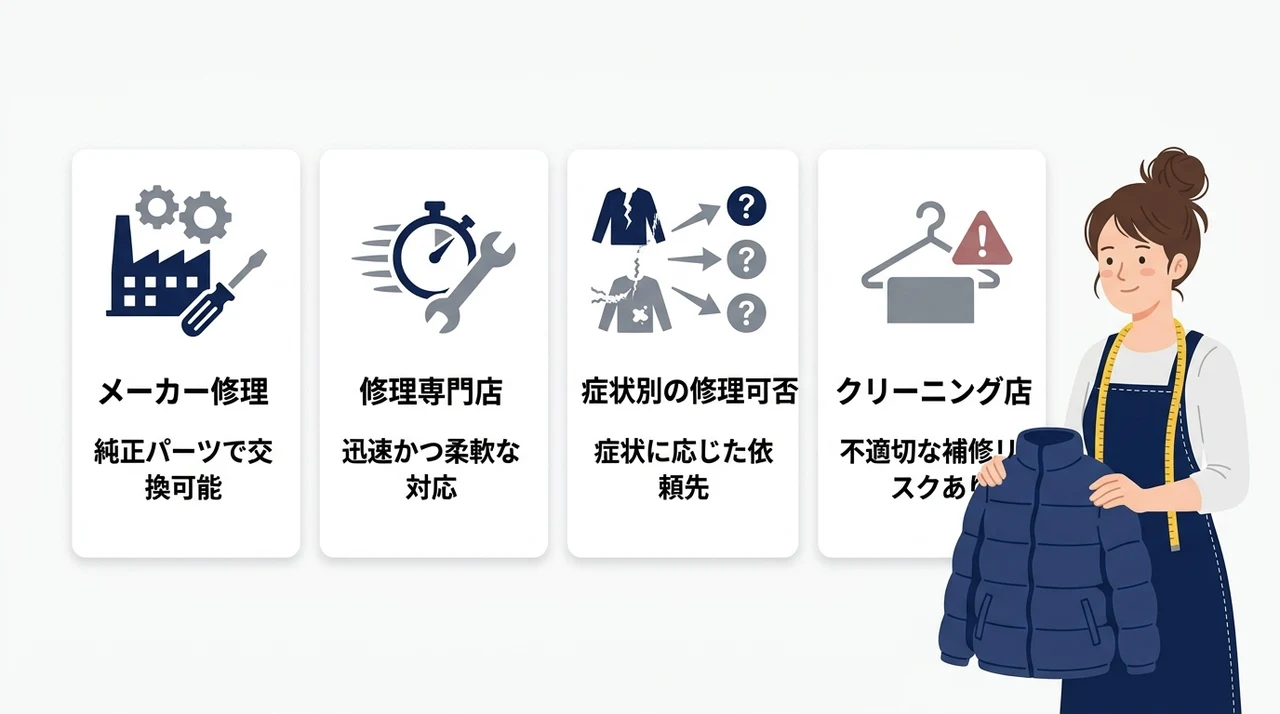 ムーレーのダウン修理はどこで?失敗しない依頼先の選び方の要点をまとめた図解(メーカー修理の特徴・修理専門店の特徴・症状別の修理可否)