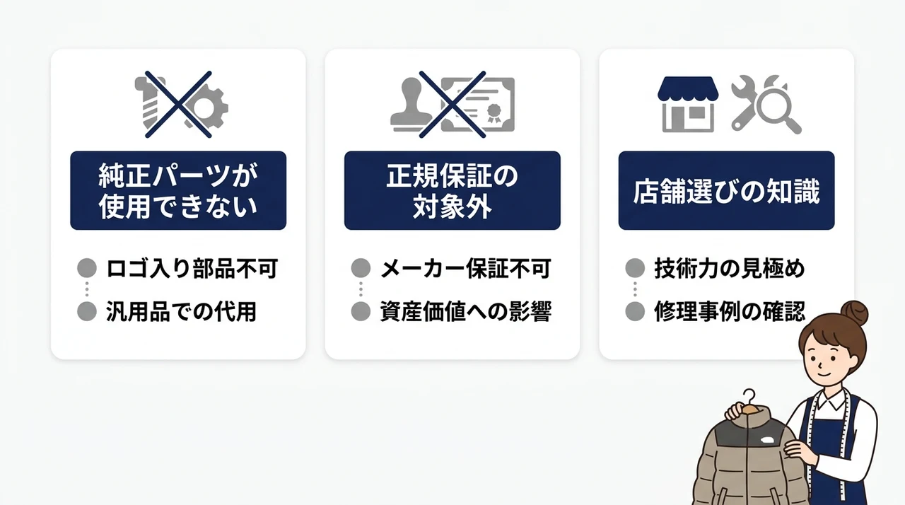 ムーレーのダウン修理を専門店に頼む際のデメリット3つの要点をまとめた図解(純正パーツが使用できない・正規保証の対象外になる・店舗選びに知識が必要)