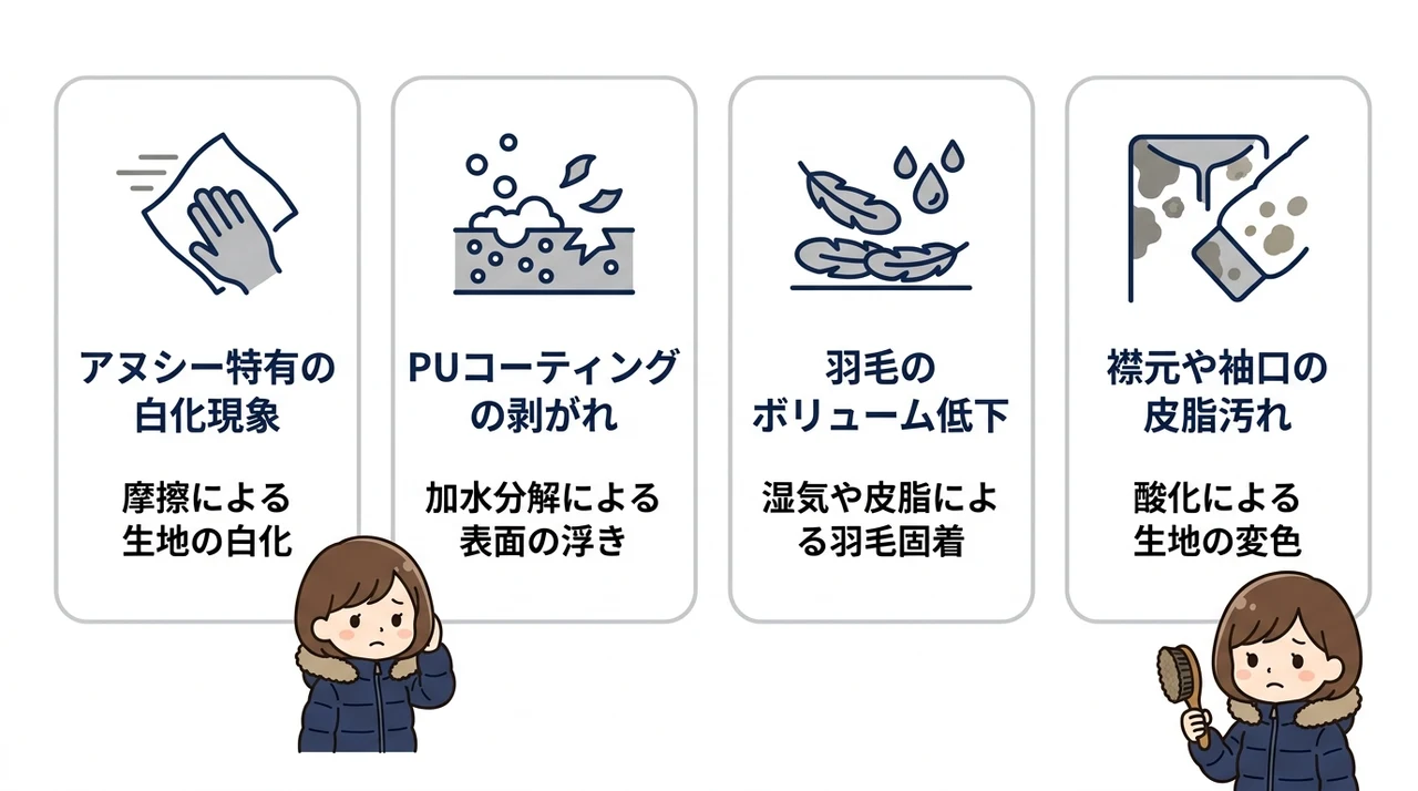 ピレネックスのアヌシーで起こりやすい劣化の症状と原因の要点をまとめた図解(アヌシー特有の白化現象・PUコーティングの剥がれ・羽毛のボリューム低下)