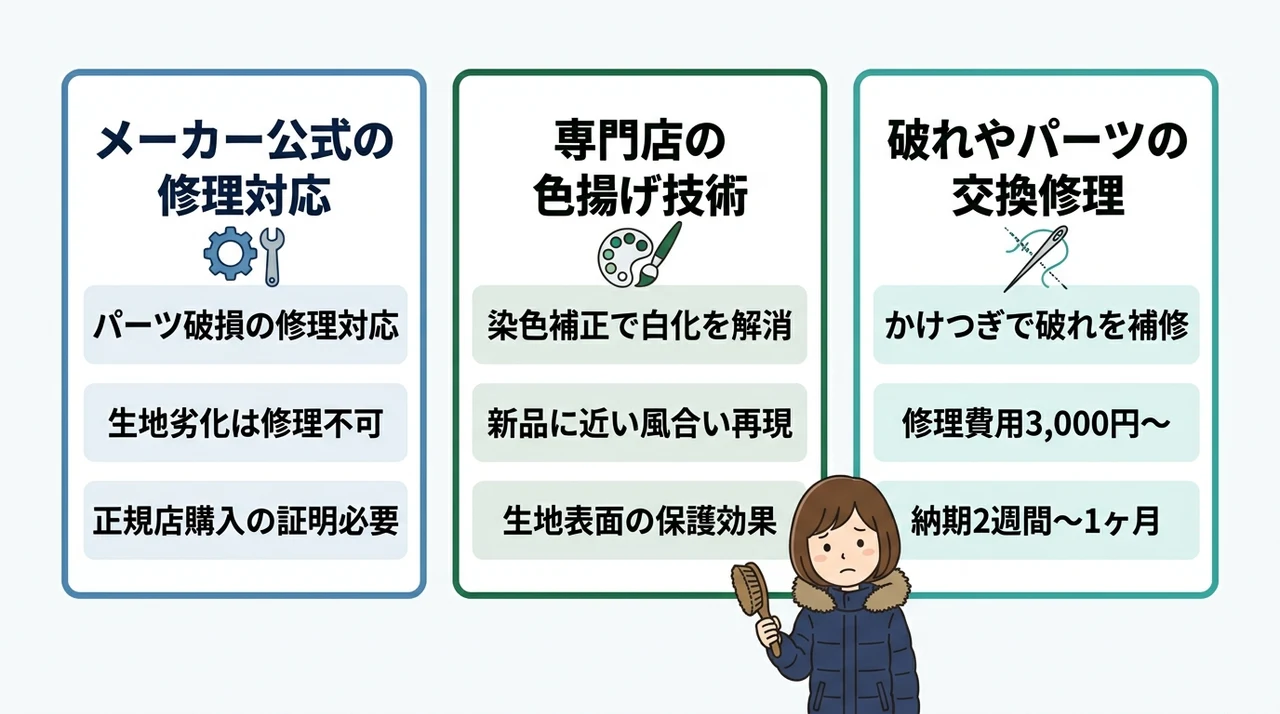 劣化したピレネックスを蘇らせる修理と修復の具体的な方法の要点をまとめた図解(メーカー公式の修理対応・専門店の生地の色揚げ技術・破れやパーツの交換修理)
