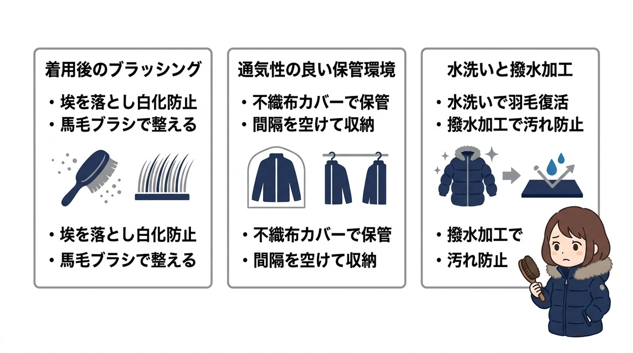 アヌシーを10年愛用するための正しいメンテナンスと保管術の要点をまとめた図解(着用後のブラッシング・通気性の良い保管環境・定期的な水洗いと撥水加工)